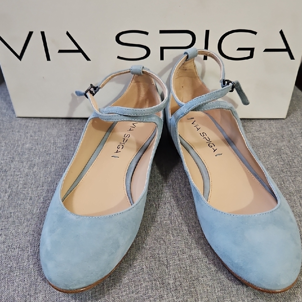 Via Spiga Powder Blue Suede Ankle-Strap Flats